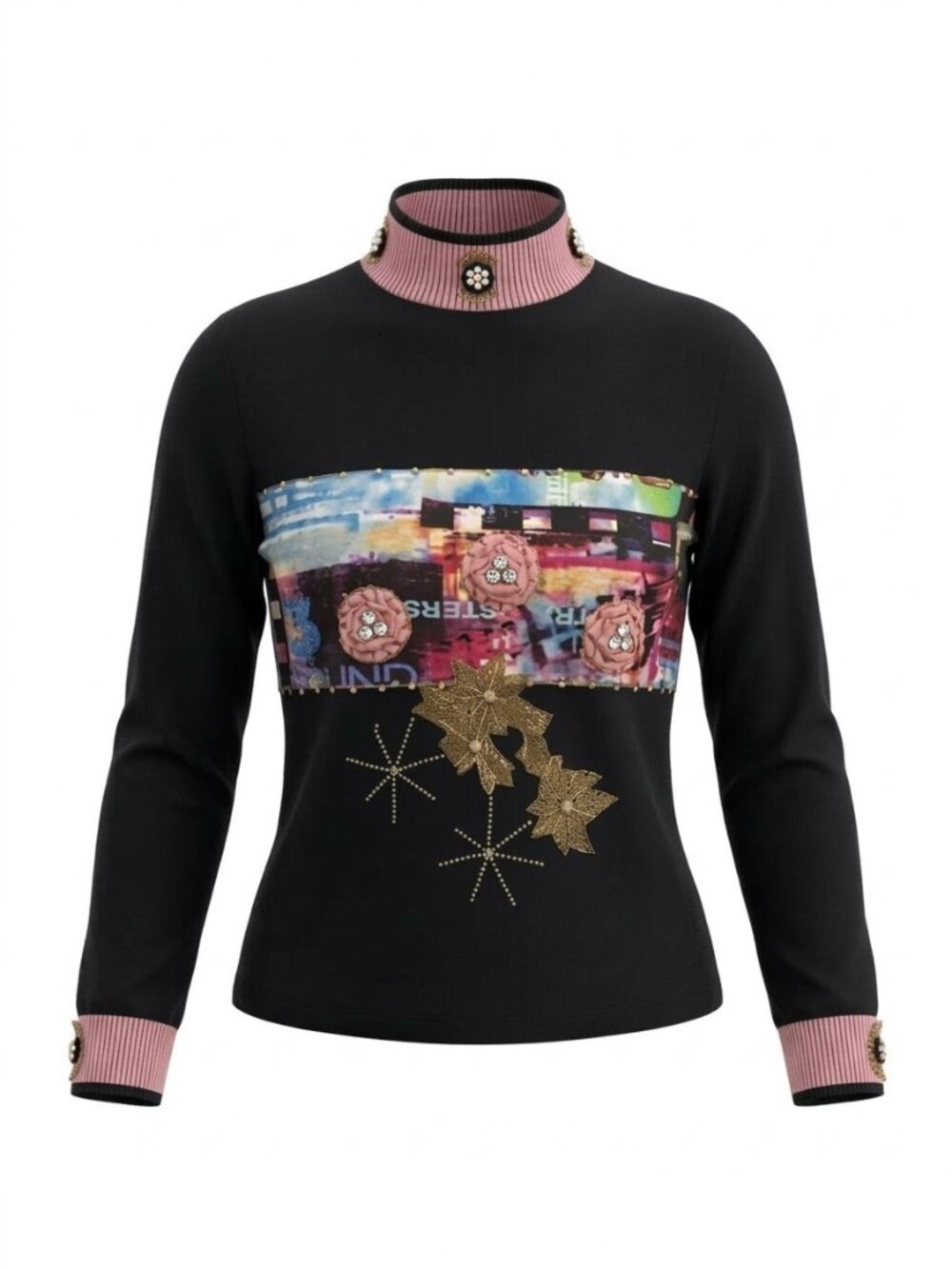 Fresh FX Artsy Mixed Media Graphic Top Rosette Rhinestone Star Mock Neck Sz L